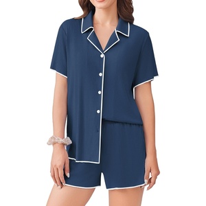 Ekouaer Women’s Ribbed Button Down Pajamas Sets 2 Piece Short Sleeve Shorts Pjs Knit Lounge Sets(Deep Blue)