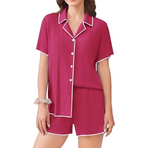 Ekouaer Women’s Ribbed Button Down Pajamas Sets 2 Piece Short Sleeve Shorts Pjs Knit Lounge Sets(Hot Pink)
