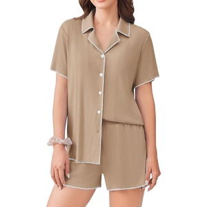 Ekouaer Women’s Ribbed Button Down Pajamas Sets 2 Piece Short Sleeve Shorts Pjs Knit Lounge Sets(Khaki/White)