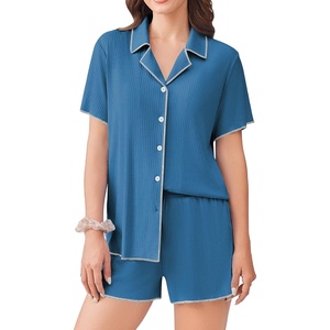 Ekouaer Women’s Ribbed Button Down Pajamas Sets 2 Piece Short Sleeve Shorts Pjs Knit Lounge Sets(Ocean Blue)