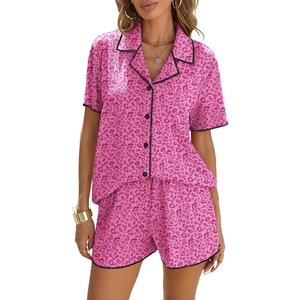 Ekouaer Women’s Ribbed Button Down Pajamas Sets 2 Piece Short Sleeve Shorts Pjs Knit Lounge Sets(Rose Leopard)