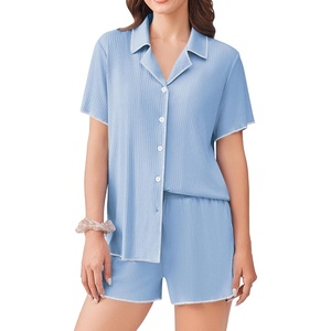 Ekouaer Women’s Ribbed Button Down Pajamas Sets 2 Piece Short Sleeve Shorts Pjs Knit Lounge Sets(Sky Blue)