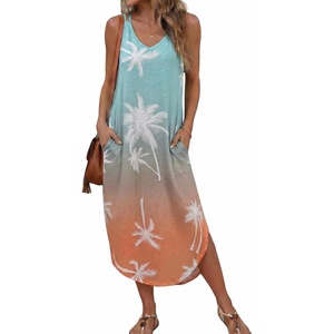 Ekouaer Women’s Swimsuit Beach Cover Up Dress Spaghetti Strap V Neck Swimwear A Line 2026 Bathing Suit Coverups with Pockets(Gradient Coconut Tree)