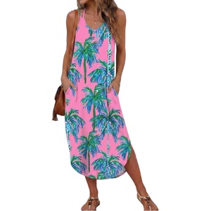 Ekouaer Women’s Swimsuit Beach Cover Up Dress Spaghetti Strap V Neck Swimwear A Line 2026 Bathing Suit Coverups with Pockets(Pink Coconut Tree)