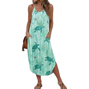 Ekouaer Women’s Swimsuit Beach Cover Up Dress Spaghetti Strap V Neck Swimwear A Line 2026 Bathing Suit Coverups with Pockets(Turtles Starfish)