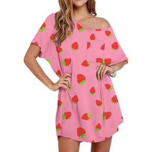 Ekouaer Womens Tshirt Nightgown Cotton V Neck Sleepshirts Comfy Casual Nightshirt for Women(Pink Strawberry)