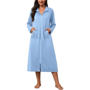 Ekouaer Zipper Robes for Women Long Sleeve Lightweight House Coats with Pockets Zip Up Bathrobe Loungewear S-3XL(Light Blue)