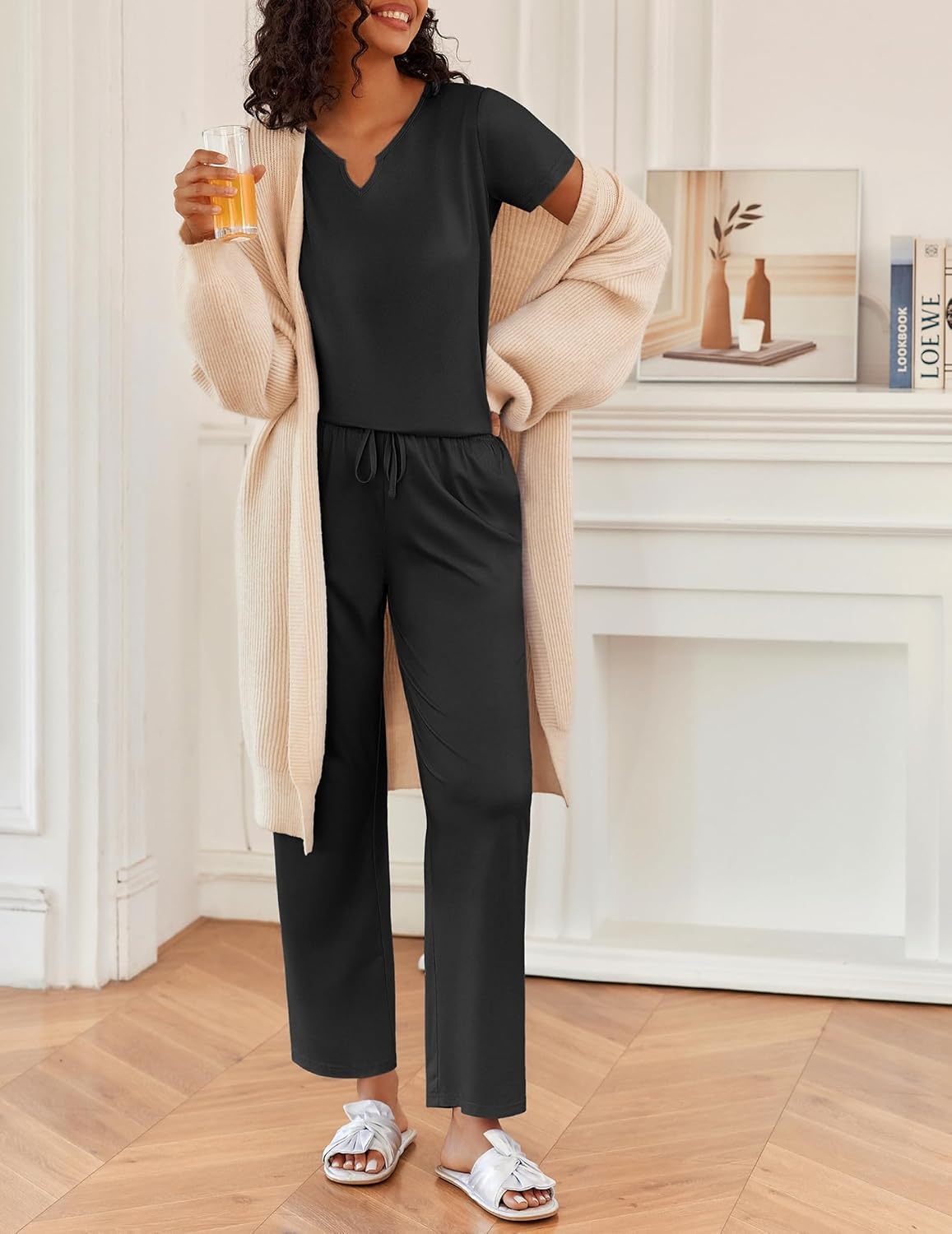 image:imageEkouaer 2 Piece Womens Pajamas Short Sleeve Top and Long Pants Pjs Set Printed Sleepwear with PocketBlack