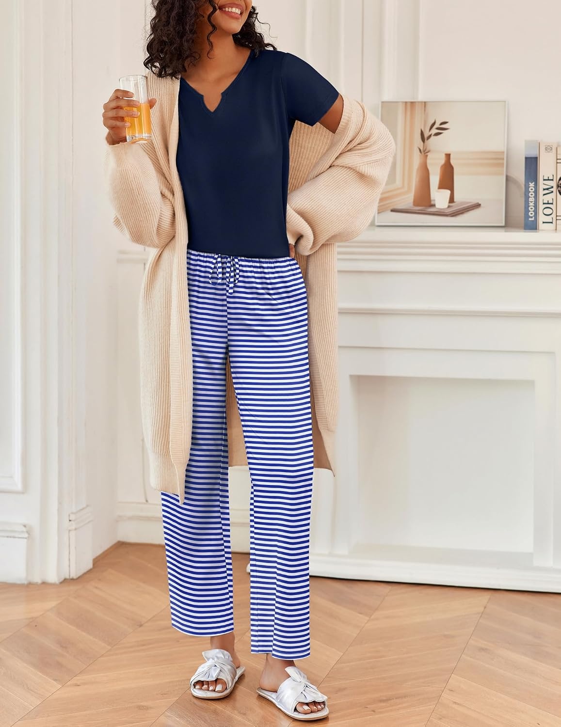 image:imageEkouaer 2 Piece Womens Pajamas Short Sleeve Top and Long Pants Pjs Set Printed Sleepwear with PocketBlue Stripe