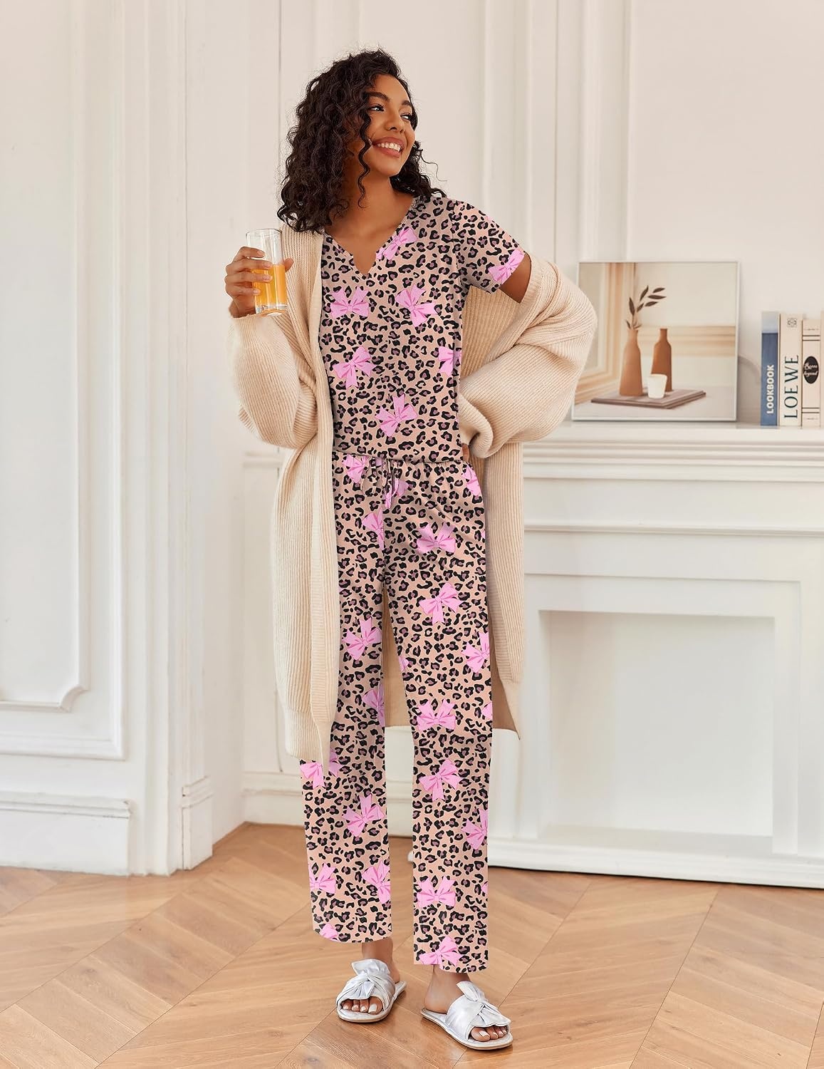 image:imageEkouaer 2 Piece Womens Pajamas Short Sleeve Top and Long Pants Pjs Set Printed Sleepwear with PocketLeopardprint Bow