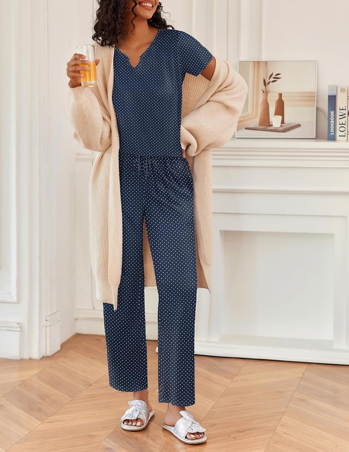 image:imageEkouaer 2 Piece Womens Pajamas Short Sleeve Top and Long Pants Pjs Set Printed Sleepwear with PocketNavy Polka Dot