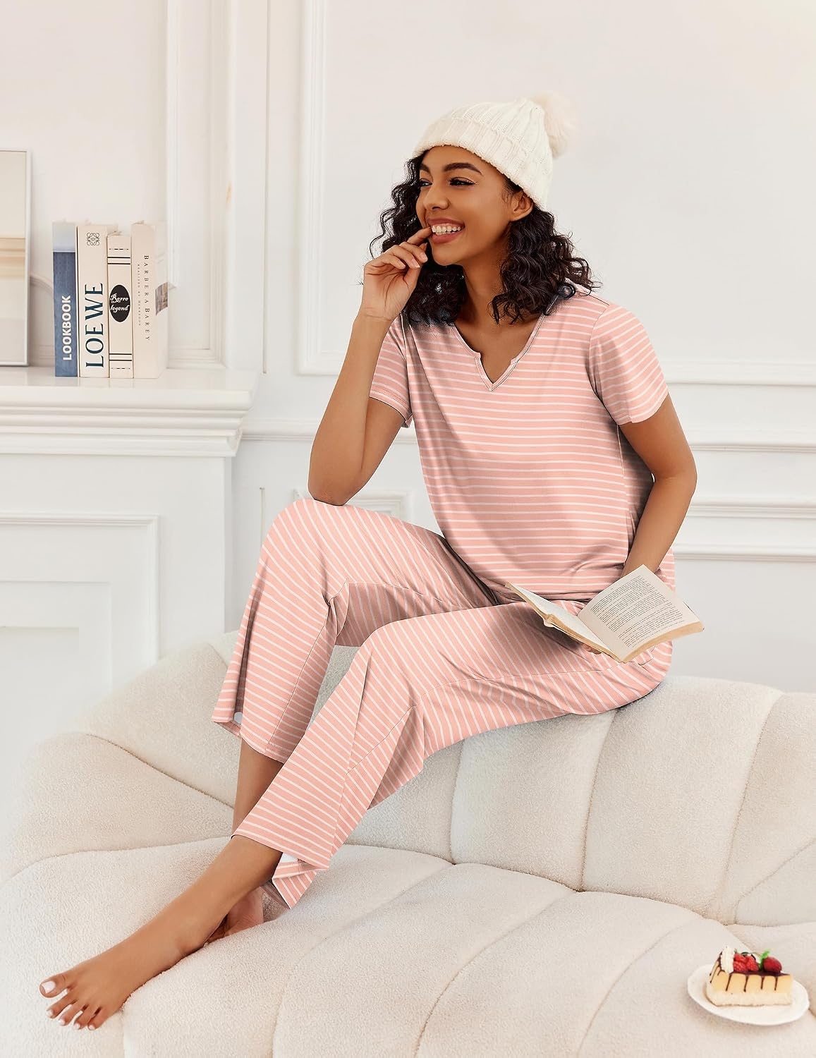 image:imageEkouaer 2 Piece Womens Pajamas Short Sleeve Top and Long Pants Pjs Set Printed Sleepwear with PocketPink Stripes