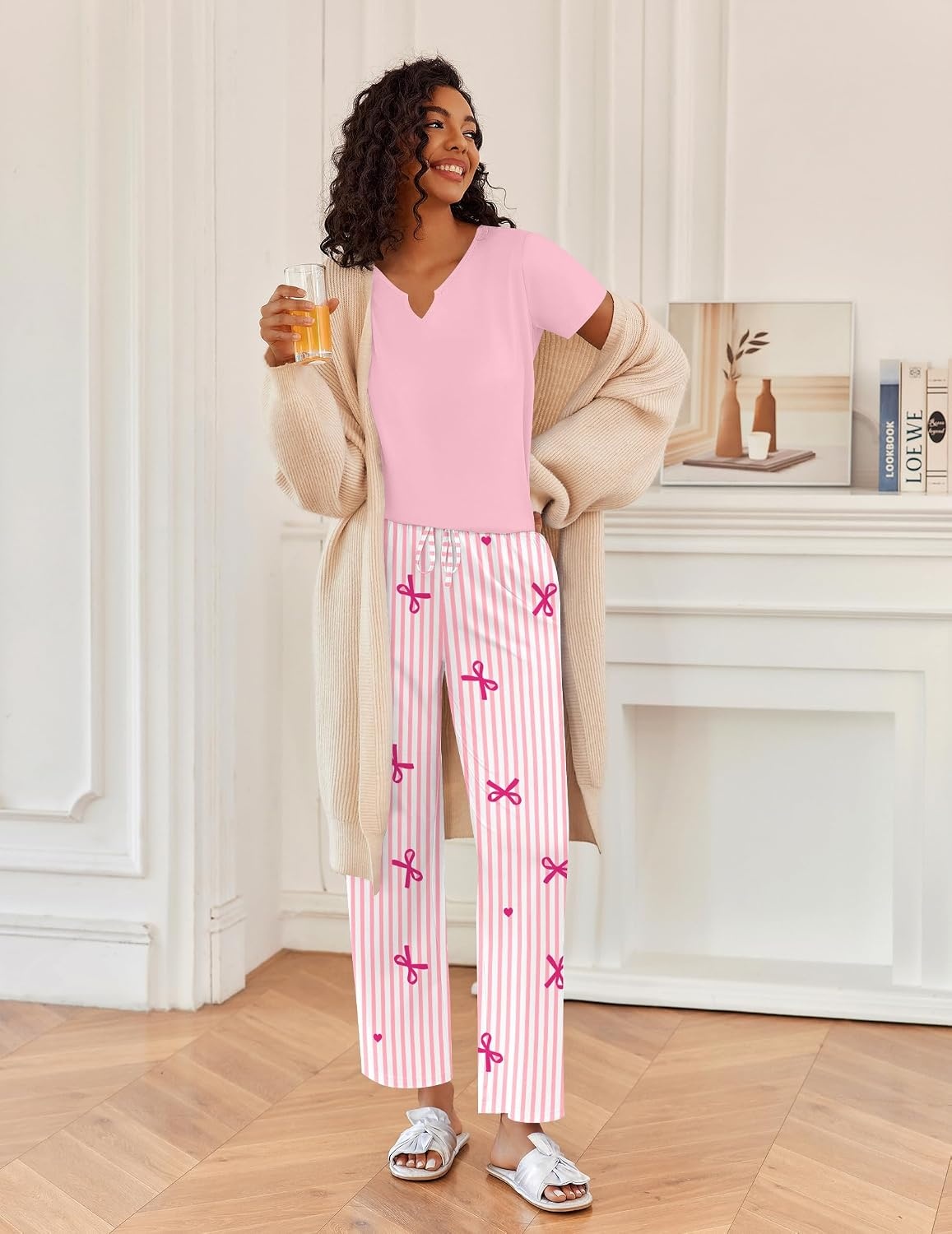 image:imageEkouaer 2 Piece Womens Pajamas Short Sleeve Top and Long Pants Pjs Set Printed Sleepwear with PocketStriped and Bow