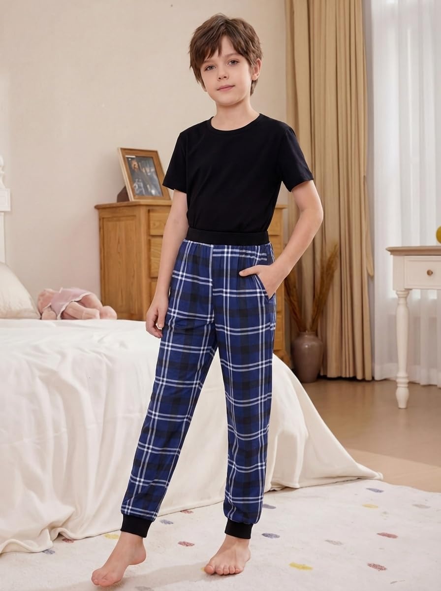 image:imageEkouaer Boys Jogger Pajama Pants Long Plaid Pj Pants Elastic Waistband Lounge Pants with PocketsNavy Blue Plaid