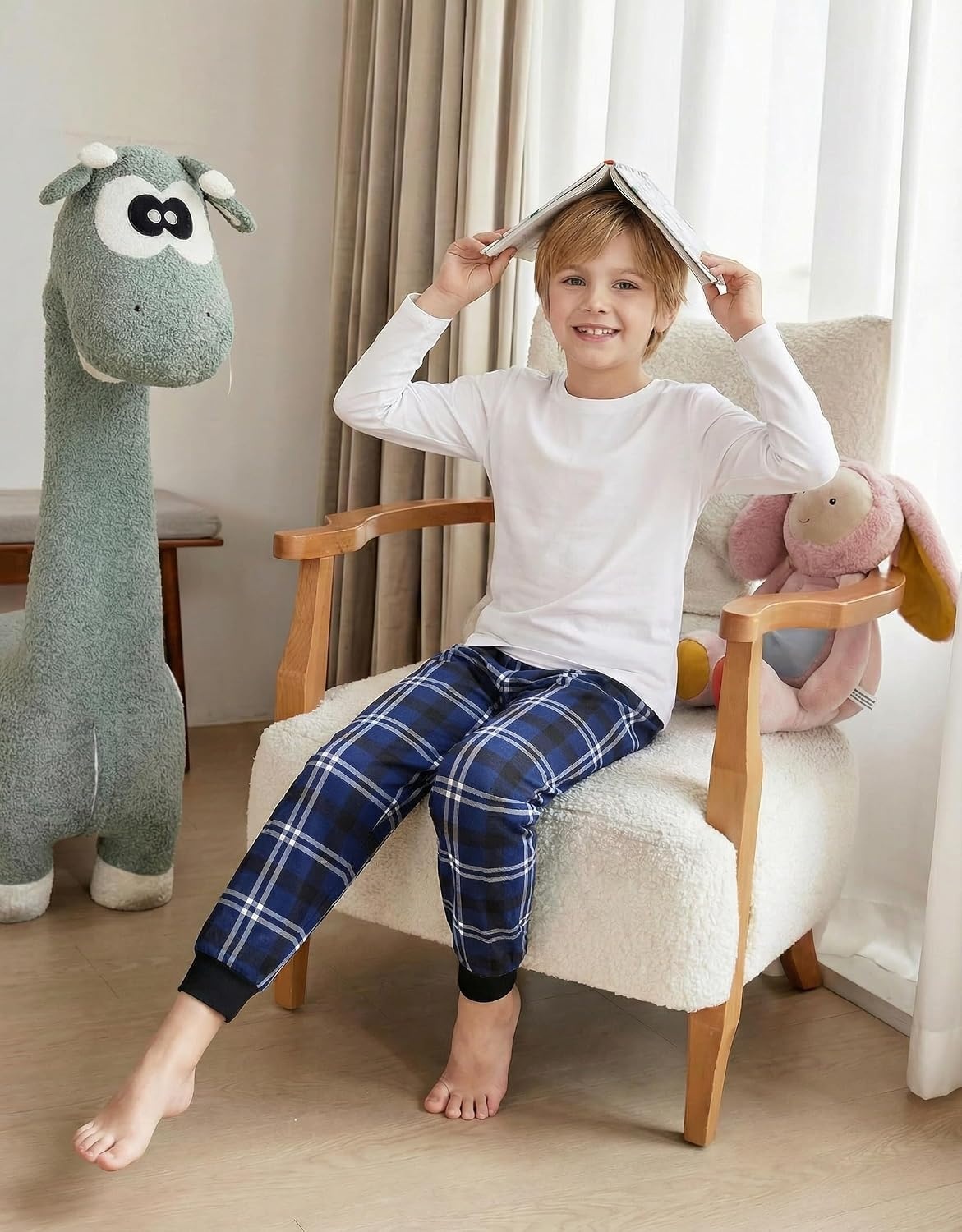image:imageEkouaer Boys Jogger Pajama Pants Long Plaid Pj Pants Elastic Waistband Lounge Pants with PocketsNavy Blue Plaid