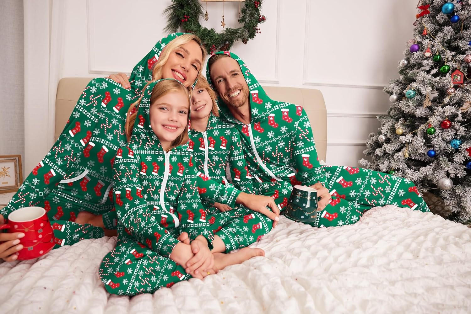 image:imageEkouaer Christmas Matching Family Onesie Pajamas Hoodie One Piece Pajamas Zipper Thermal Sleepwear with Pockets Family Christmas Socks Print Women M