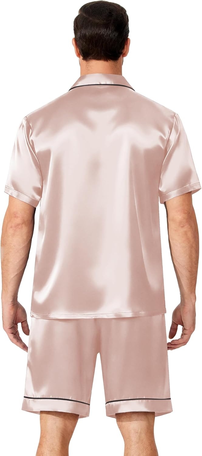 image:imageEkouaer Mens Pajamas Set Silk Satin Sleepwear Short Sleeve Button Down Pjs Set 2 Piece Loungewear with Pockets SXXLChampagne