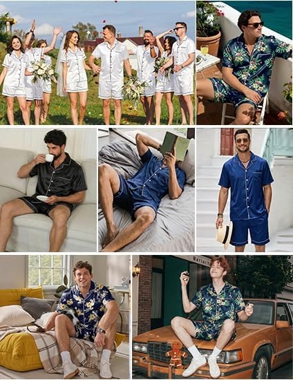 image:imageEkouaer Mens Pajamas Set Silk Satin Sleepwear Short Sleeve Button Down Pjs Set 2 Piece Loungewear with Pockets SXXLChampagne