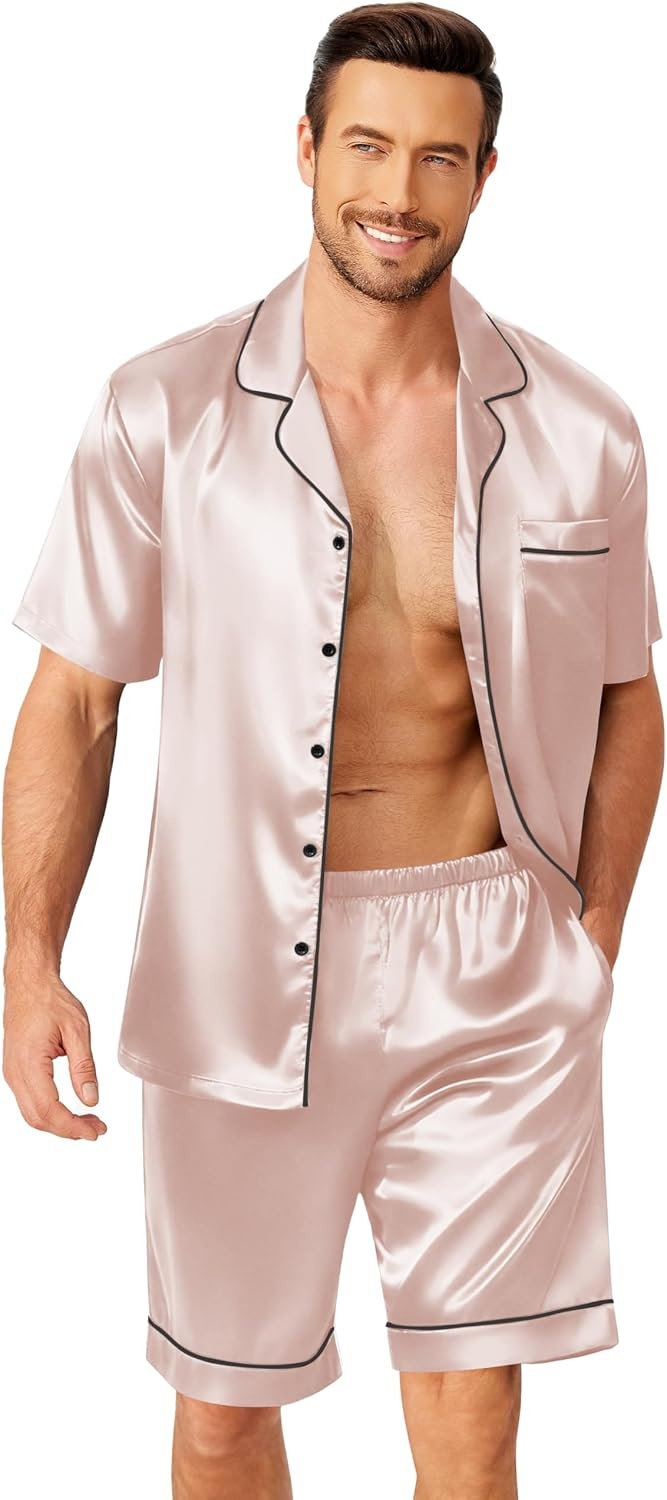 image:imageEkouaer Mens Pajamas Set Silk Satin Sleepwear Short Sleeve Button Down Pjs Set 2 Piece Loungewear with Pockets SXXLChampagne