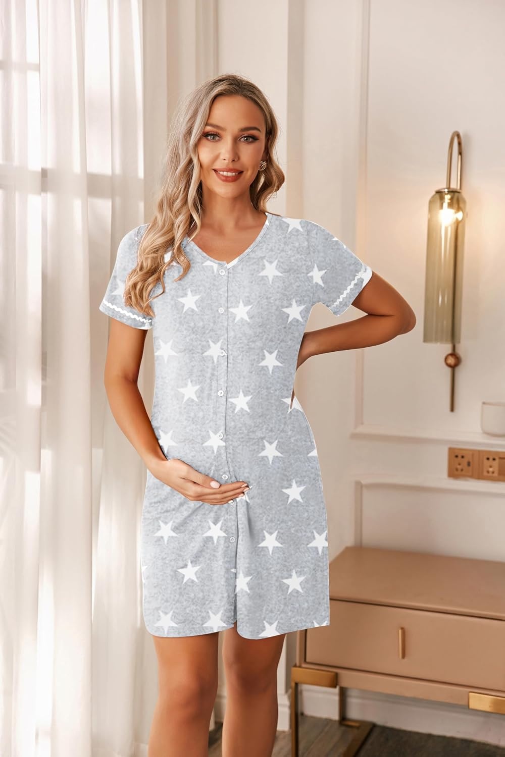 image:imageEkouaer Nightgowns for Women Button Down Sleep Shirt Short Sleeve Night Shirt Soft Pajama Dress V Neck Sleepwear With PocketsGrey Stars