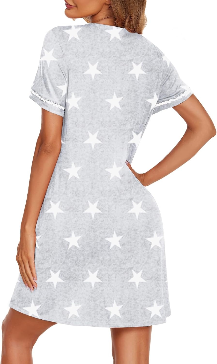 image:imageEkouaer Nightgowns for Women Button Down Sleep Shirt Short Sleeve Night Shirt Soft Pajama Dress V Neck Sleepwear With PocketsGrey Stars