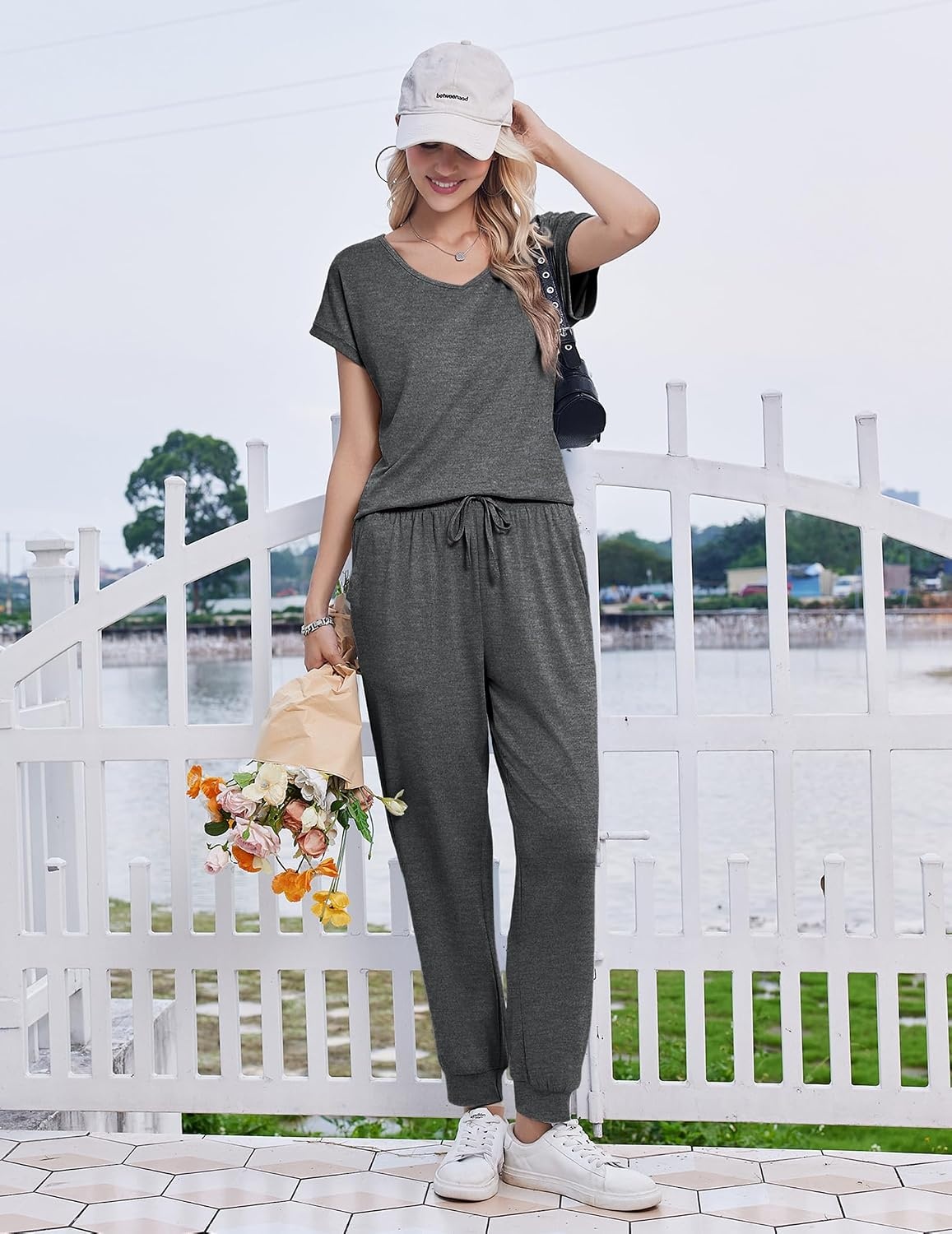 image:imageEkouaer Pajamas for Women Set Short Sleeve Lounge Set Jogger Pants Pjs Soft Sleepwear with Pockets SXXLDark Grey