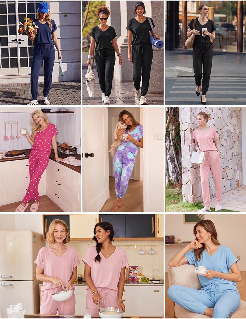 image:imageEkouaer Pajamas for Women Set Short Sleeve Lounge Set Jogger Pants Pjs Soft Sleepwear with Pockets SXXLLight Blue