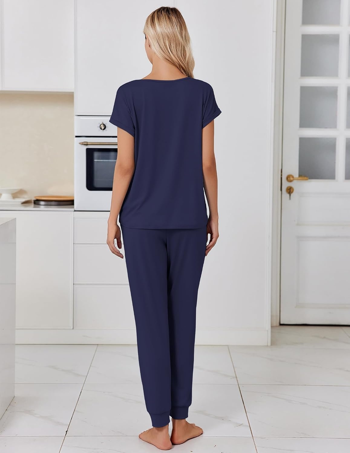 image:imageEkouaer Pajamas for Women Set Short Sleeve Lounge Set Jogger Pants Pjs Soft Sleepwear with Pockets SXXLNavy