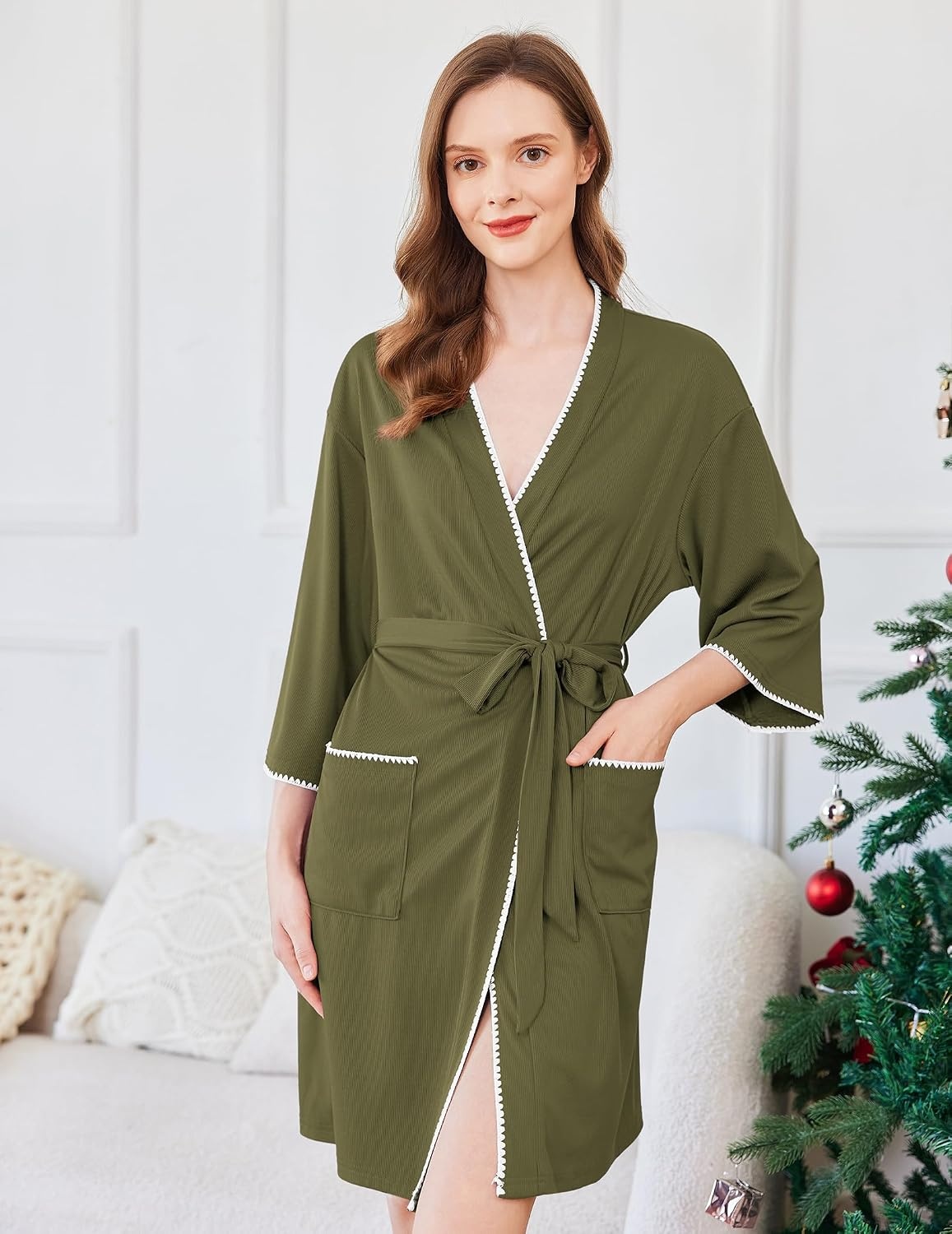 image:imageEkouaer Robes for Women Ribbed Knit Bathrobe Soft Lightweight Knee Length Kimono Robe Ladies Sleepwear with Pockets SXXLArmy Green