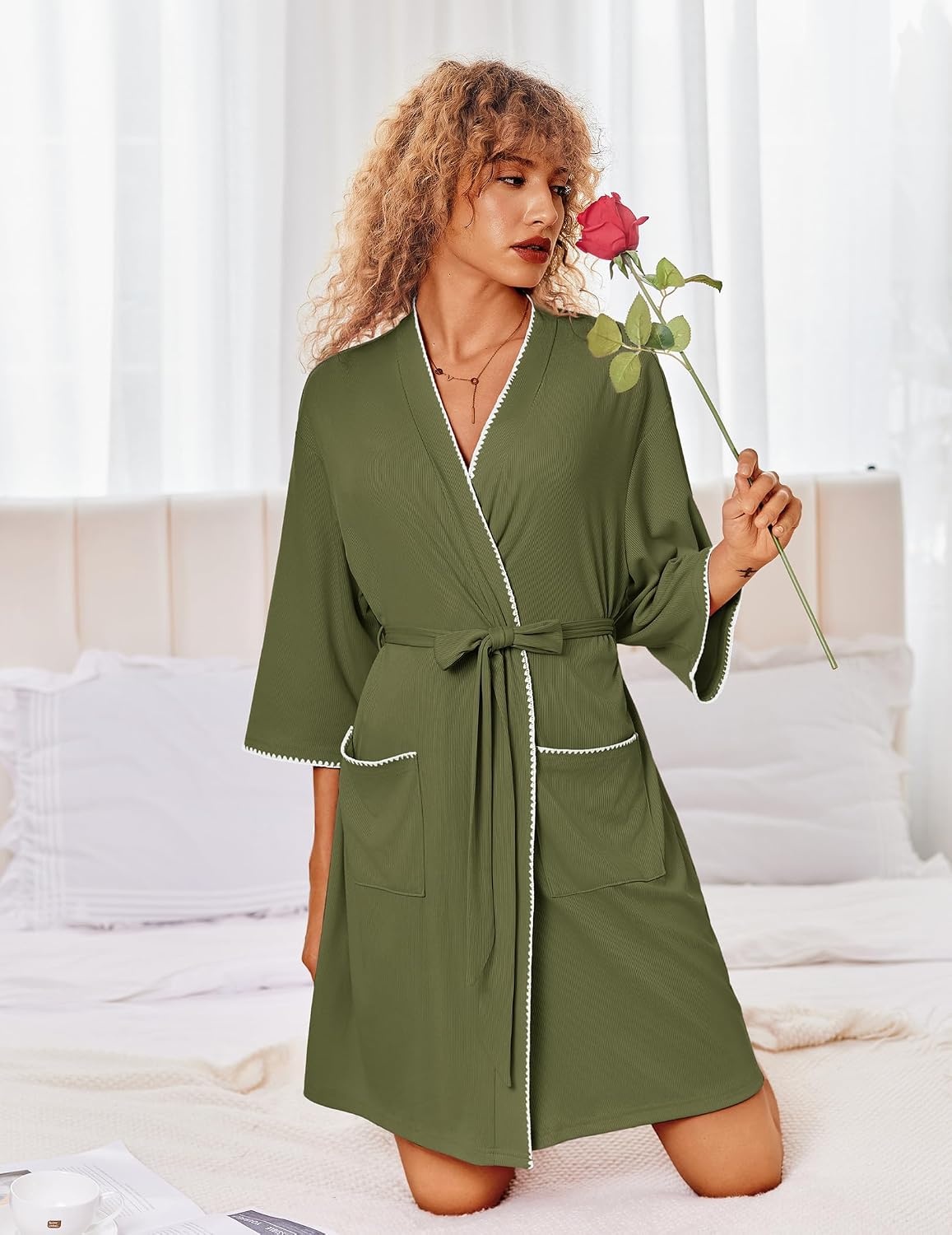 image:imageEkouaer Robes for Women Ribbed Knit Bathrobe Soft Lightweight Knee Length Kimono Robe Ladies Sleepwear with Pockets SXXLArmy Green