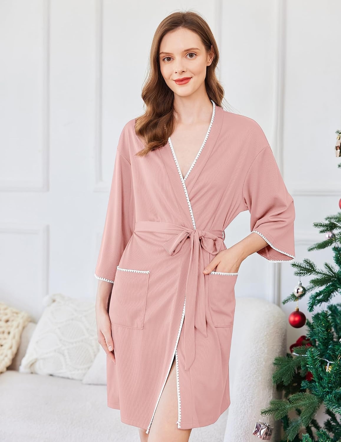 image:imageEkouaer Robes for Women Ribbed Knit Bathrobe Soft Lightweight Knee Length Kimono Robe Ladies Sleepwear with Pockets SXXLDark Pink