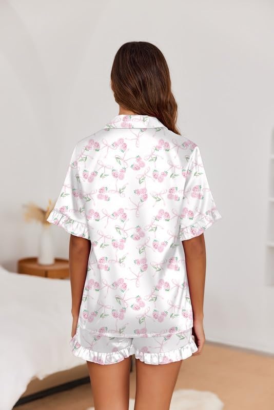 image:imageEkouaer Satin Pajama Set for Women Button Down Silk 2 Piece Pj Sets Ruffle Short Sleeve SleepwearPink Hydrangea