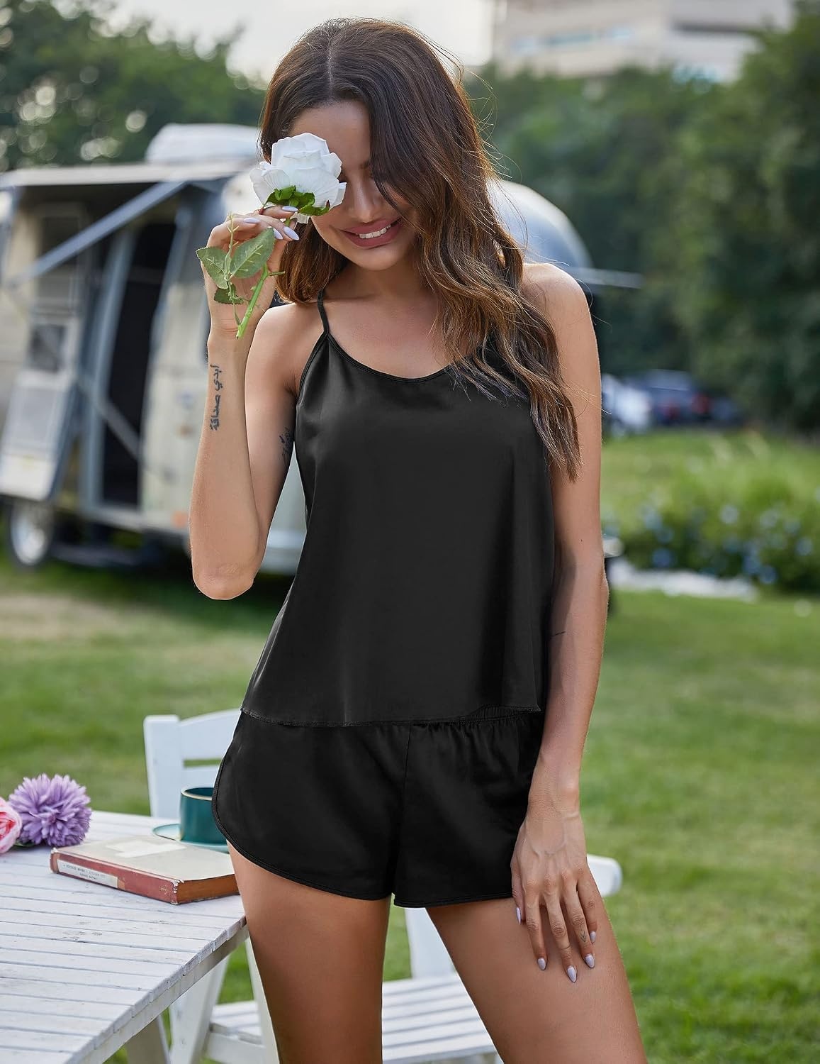 image:imageEkouaer Silk Pajamas Set Women Cross Backless Lingerie Set Black