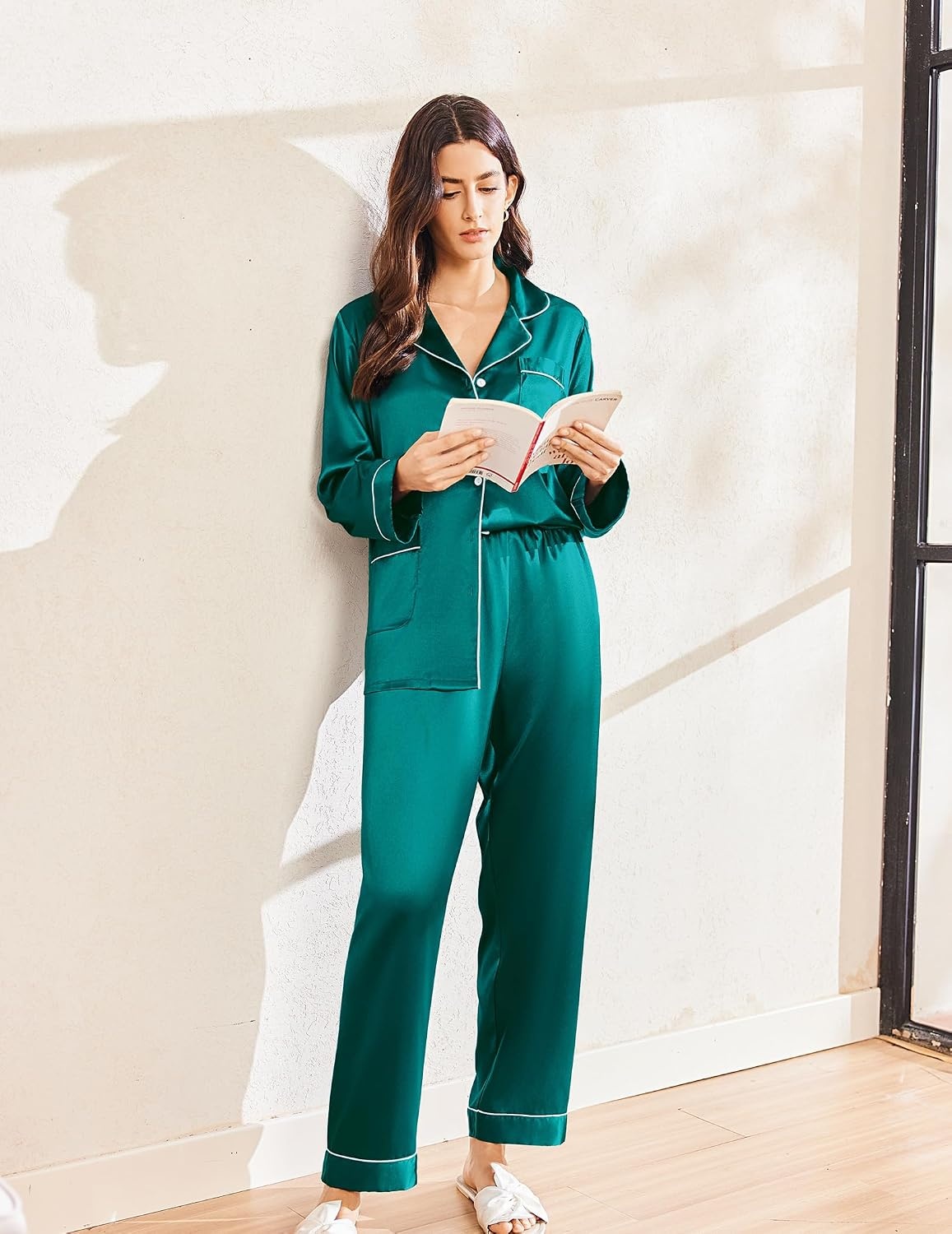 image:imageEkouaer Silk Pajamas for Women Classic Button Down Satin Pajama Sets Long Sleeve Lounge SetArmy Green