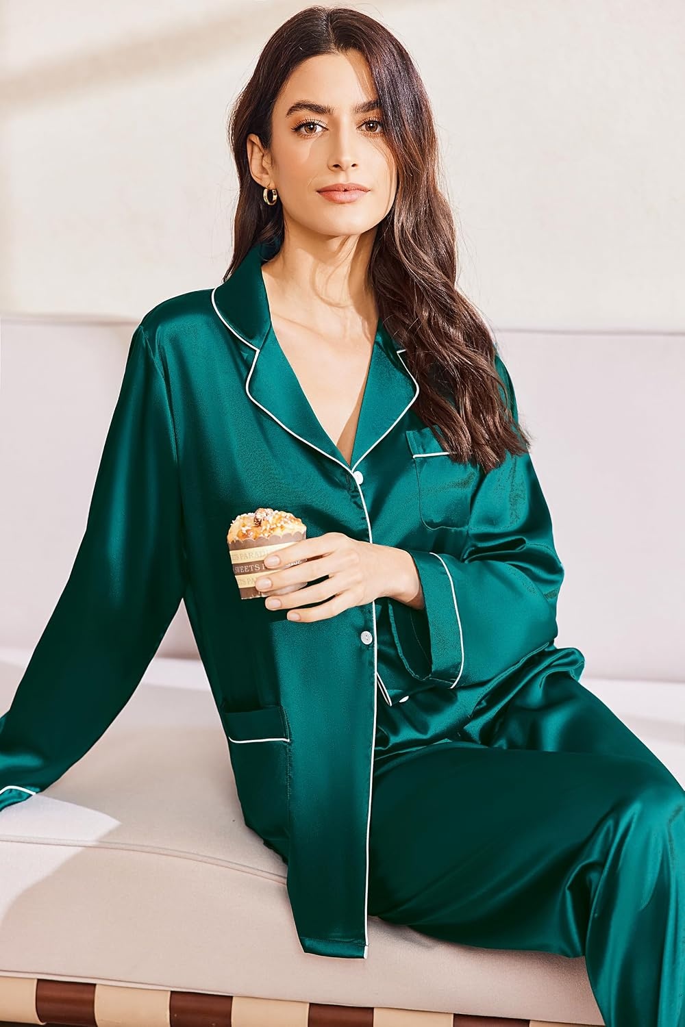 image:imageEkouaer Silk Pajamas for Women Classic Button Down Satin Pajama Sets Long Sleeve Lounge SetArmy Green