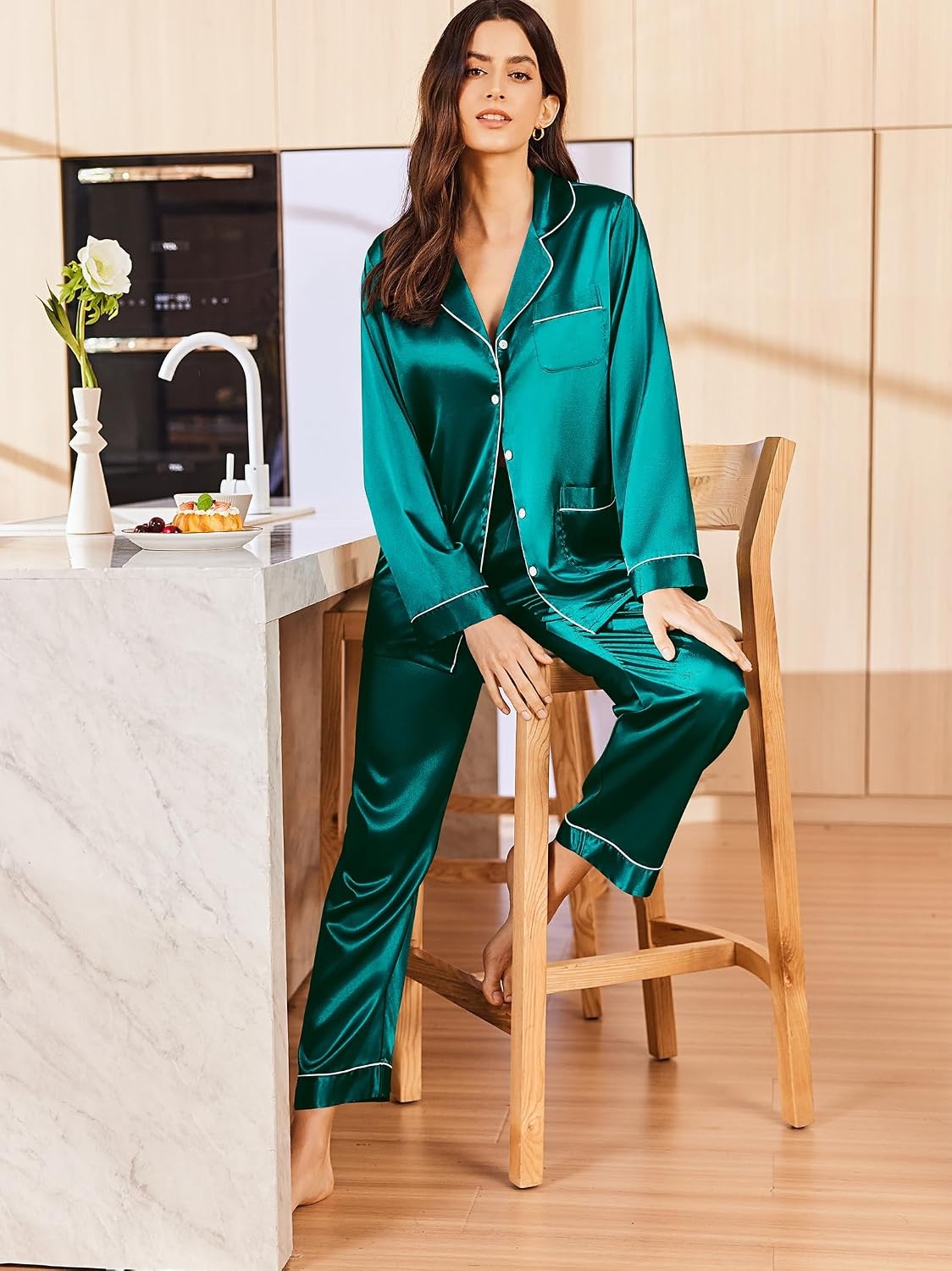 image:imageEkouaer Silk Pajamas for Women Classic Button Down Satin Pajama Sets Long Sleeve Lounge SetArmy Green