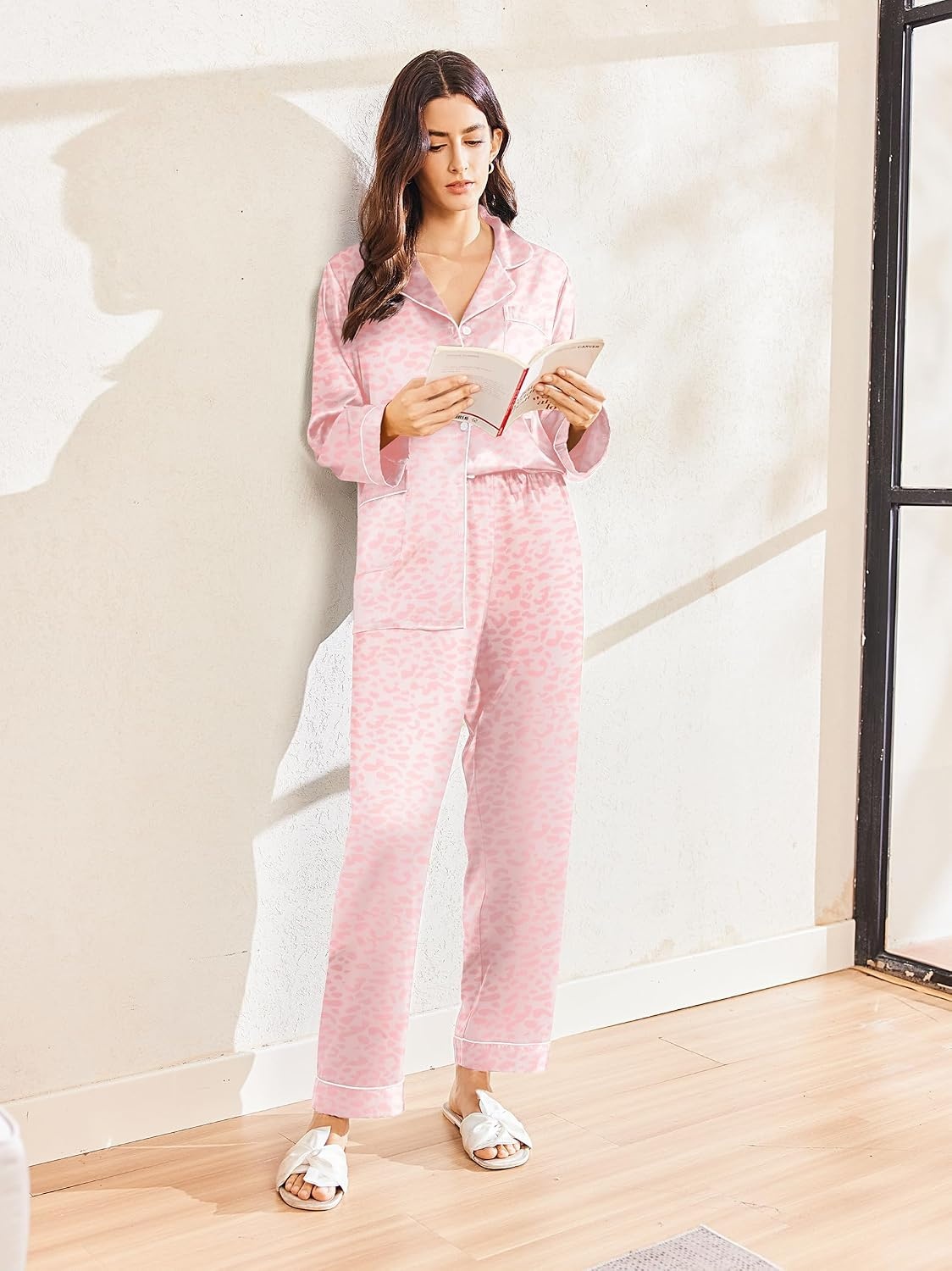 image:imageEkouaer Silk Pajamas for Women Classic Button Down Satin Pajama Sets Long Sleeve Lounge SetPink Leopard