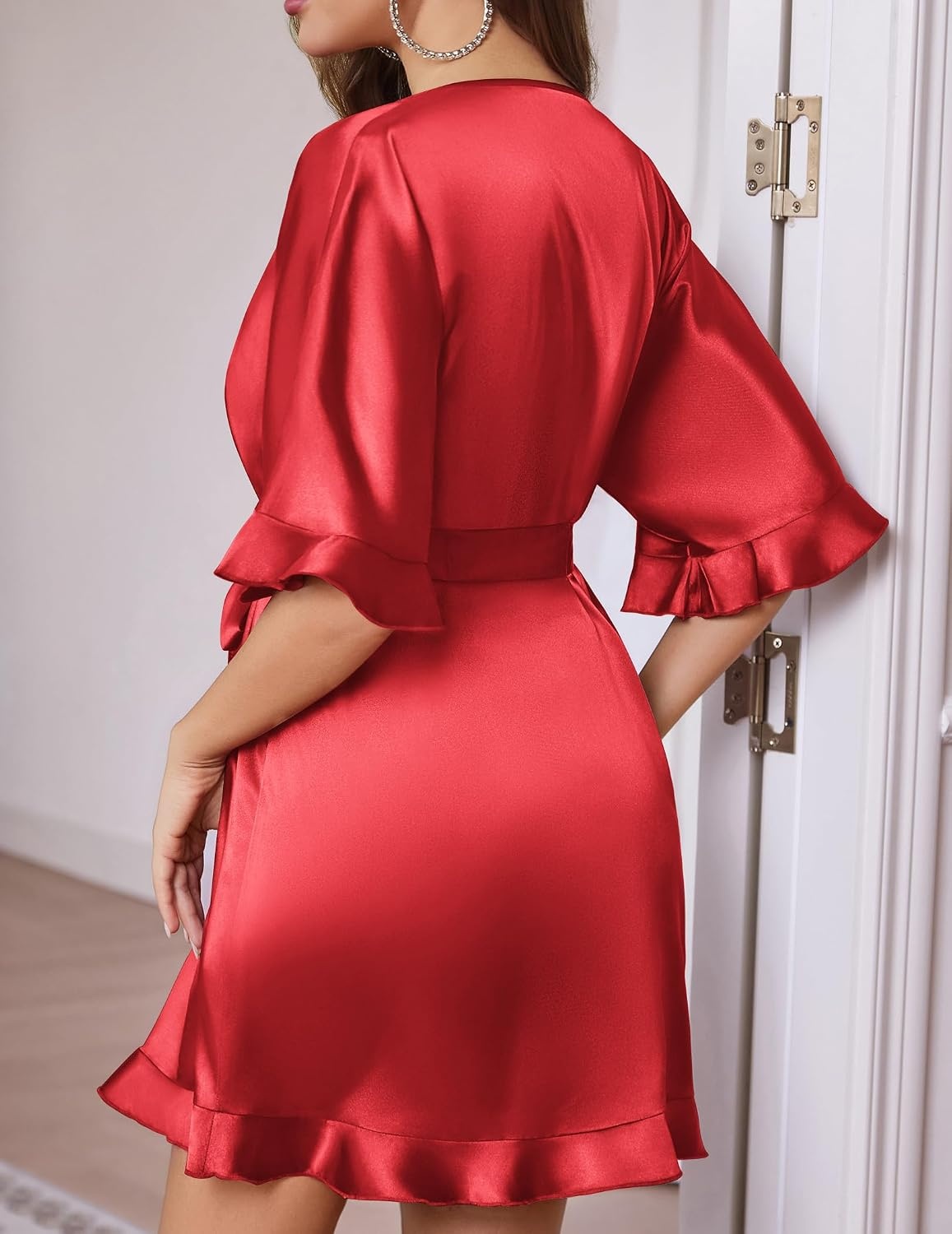 image:imageEkouaer Silk Robes for Women Short Lightweight Bathrobe Ruffled Satin Kimono Robes Sexy Bride Bridesmaid SleepwearRed