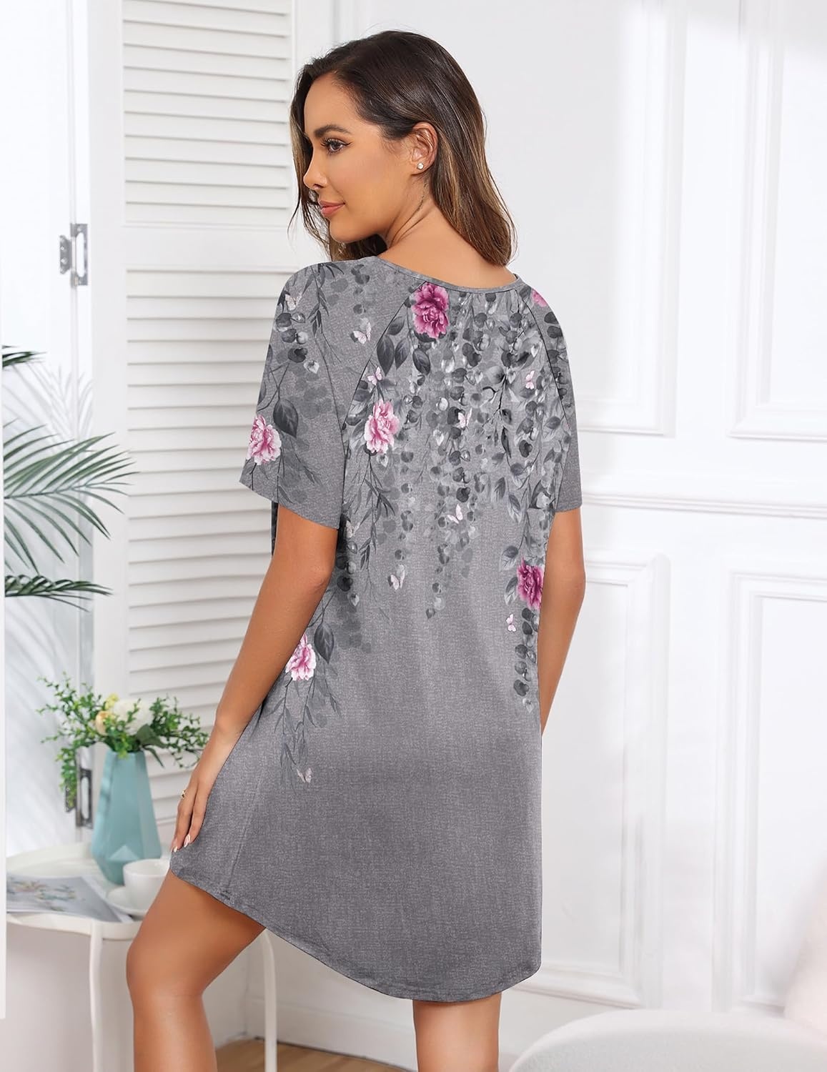 image:imageEkouaer Sleep Shirts for Women Short Sleeve Night Shirts for Sleeping Pullover Nightgown Soft Nightdress SXXXLLight Grey Pink Florals
