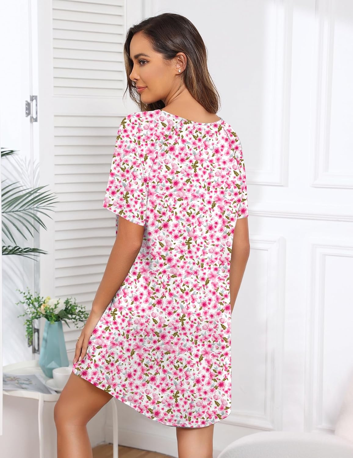 image:imageEkouaer Sleep Shirts for Women Short Sleeve Night Shirts for Sleeping Pullover Nightgown Soft Nightdress SXXXLPink Florals