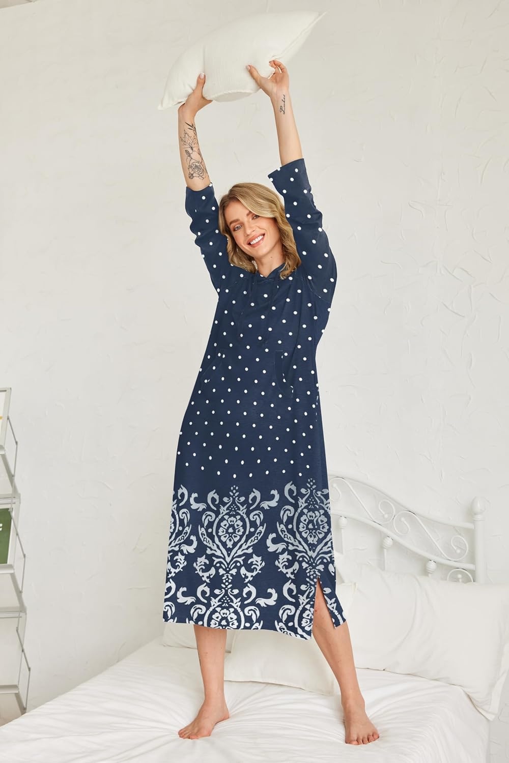 image:imageEkouaer Sleepwear Women Long Sleeve Hooded Nightgown Contrast Color Full Length Loungewear with Pocket