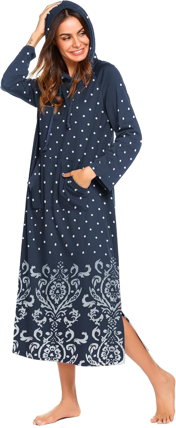 image:imageEkouaer Sleepwear Women Long Sleeve Hooded Nightgown Contrast Color Full Length Loungewear with Pocket