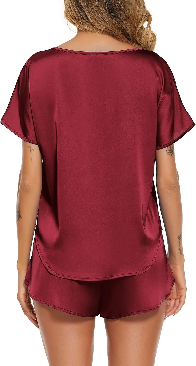 image:imageEkouaer Women Satin Pajama Set Short Sleeve Lightweight Silk Pajama Set 2 Piece Lounge Sets with ShortsWine Red