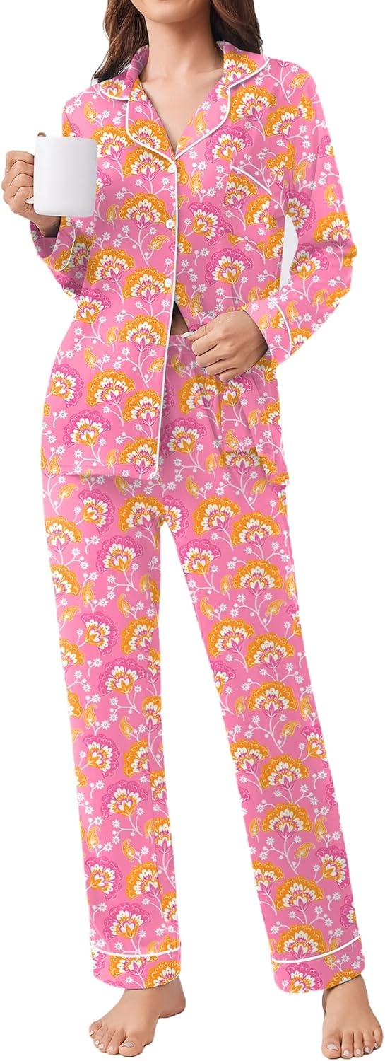 image:imageEkouaer Womens Pajamas Set 2 Piece Button Down Pjs Soft Long Sleeve Top and Pants Sleepwear Set Lounge SetsBig Pink Flowers