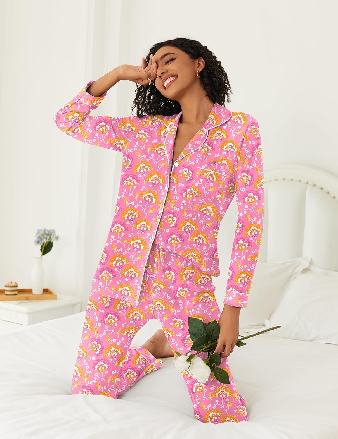 image:imageEkouaer Womens Pajamas Set 2 Piece Button Down Pjs Soft Long Sleeve Top and Pants Sleepwear Set Lounge SetsBig Pink Flowers