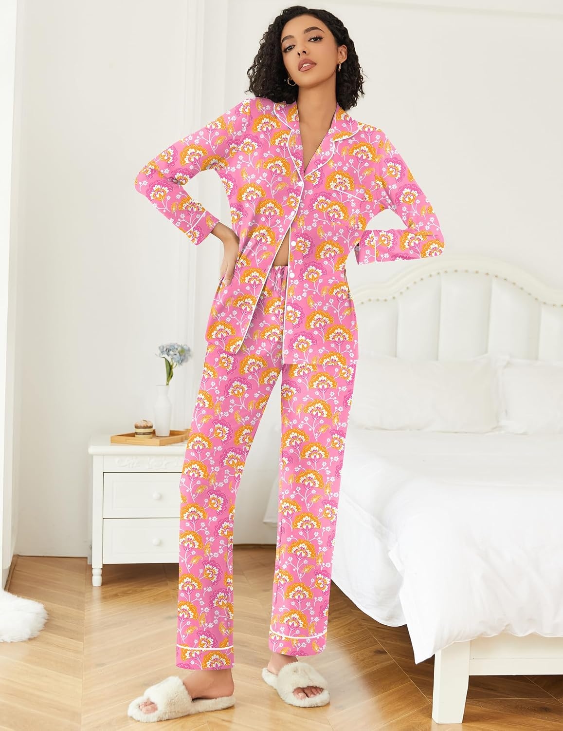 image:imageEkouaer Womens Pajamas Set 2 Piece Button Down Pjs Soft Long Sleeve Top and Pants Sleepwear Set Lounge SetsBig Pink Flowers