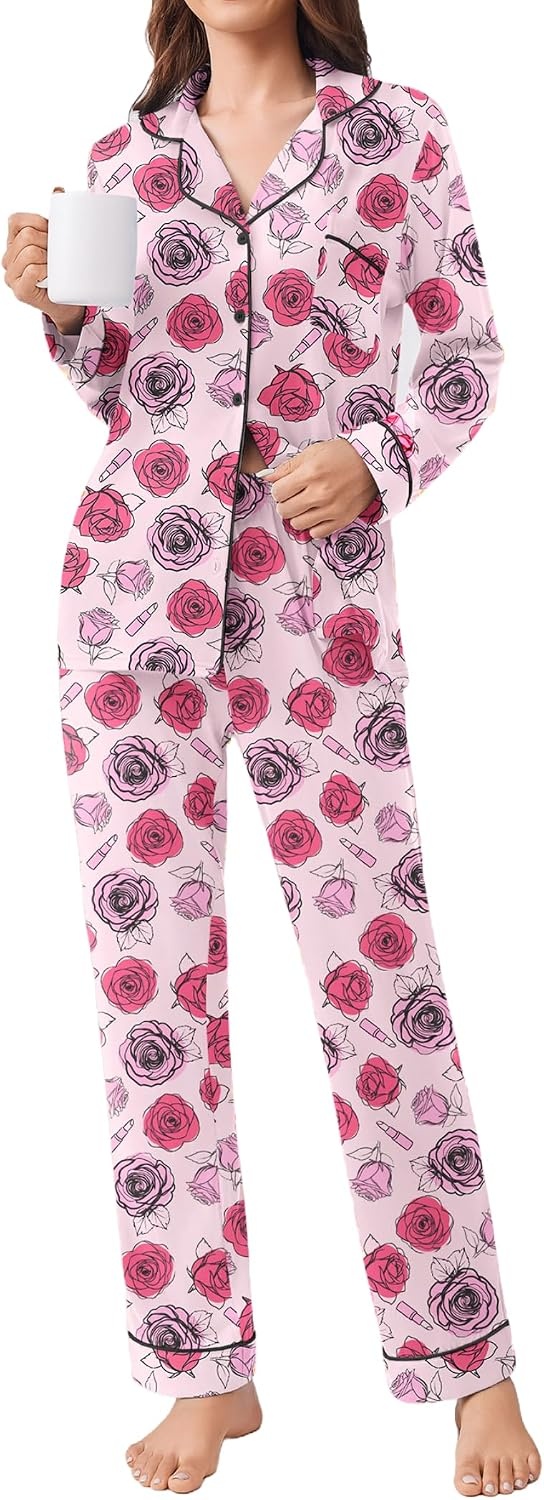 image:imageEkouaer Womens Pajamas Set 2 Piece Button Down Pjs Soft Long Sleeve Top and Pants Sleepwear Set Lounge SetsPanting Rose