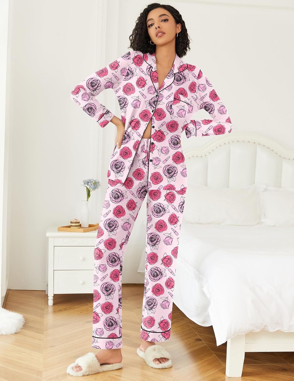 image:imageEkouaer Womens Pajamas Set 2 Piece Button Down Pjs Soft Long Sleeve Top and Pants Sleepwear Set Lounge SetsPanting Rose