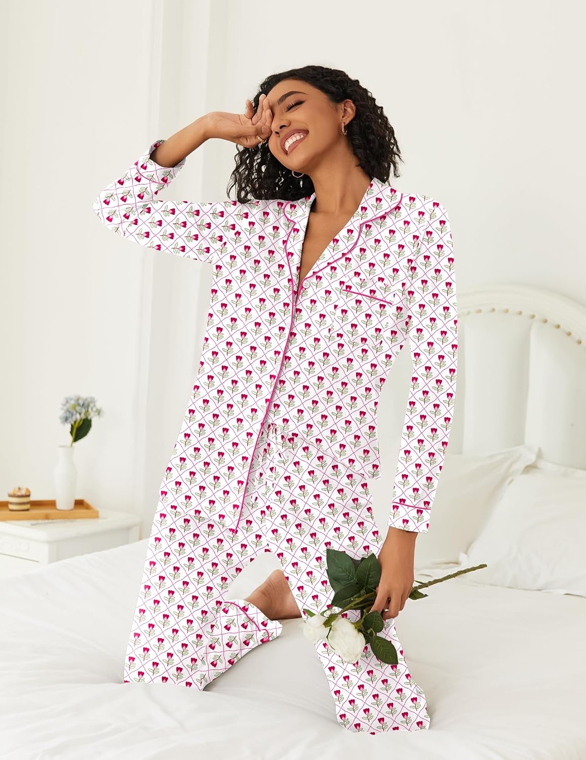 image:imageEkouaer Womens Pajamas Set 2 Piece Button Down Pjs Soft Long Sleeve Top and Pants Sleepwear Set Lounge SetsSmall Red Flowers