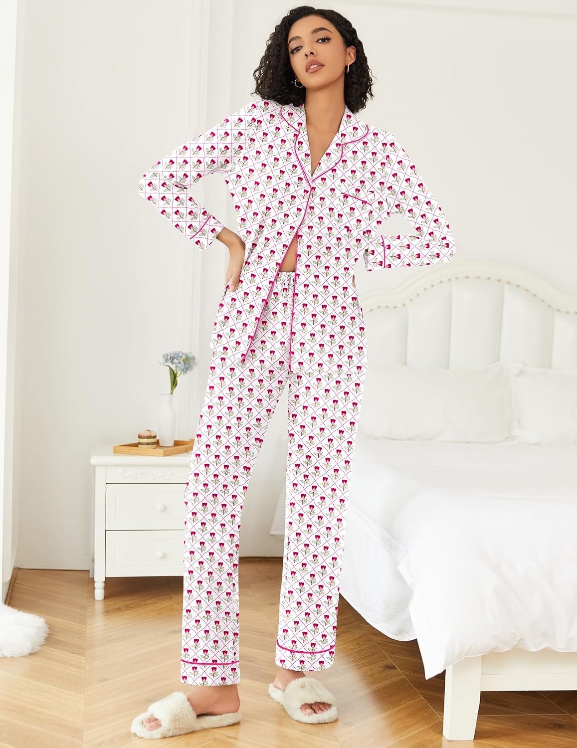 image:imageEkouaer Womens Pajamas Set 2 Piece Button Down Pjs Soft Long Sleeve Top and Pants Sleepwear Set Lounge SetsSmall Red Flowers